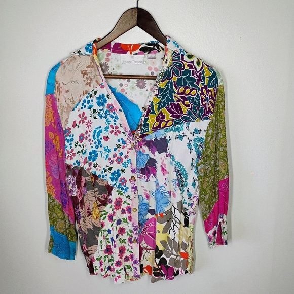 Sacred Threads Boho Patchwork Floral Button Down Top Hippie Size Small - Picture 1 of 14